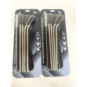 (2) Set of 6 Stainless Steel‎ Reusable Straw Pouch & Cleaning Brush Set BLACK